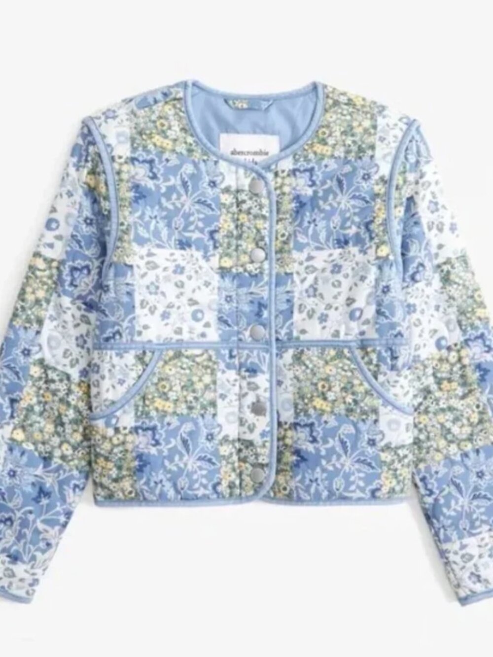 Abercrombie & Fitch Girls' Blue and White Floral Patchwork Puffer Jacket